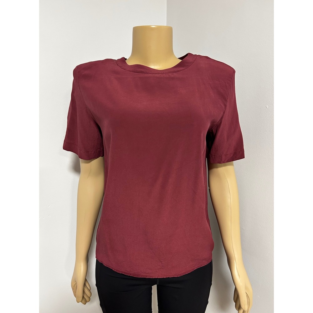 Christie & Jill Petite Burgundy 100% Silk Short Sleeve Shoulder Pad Blouse Med